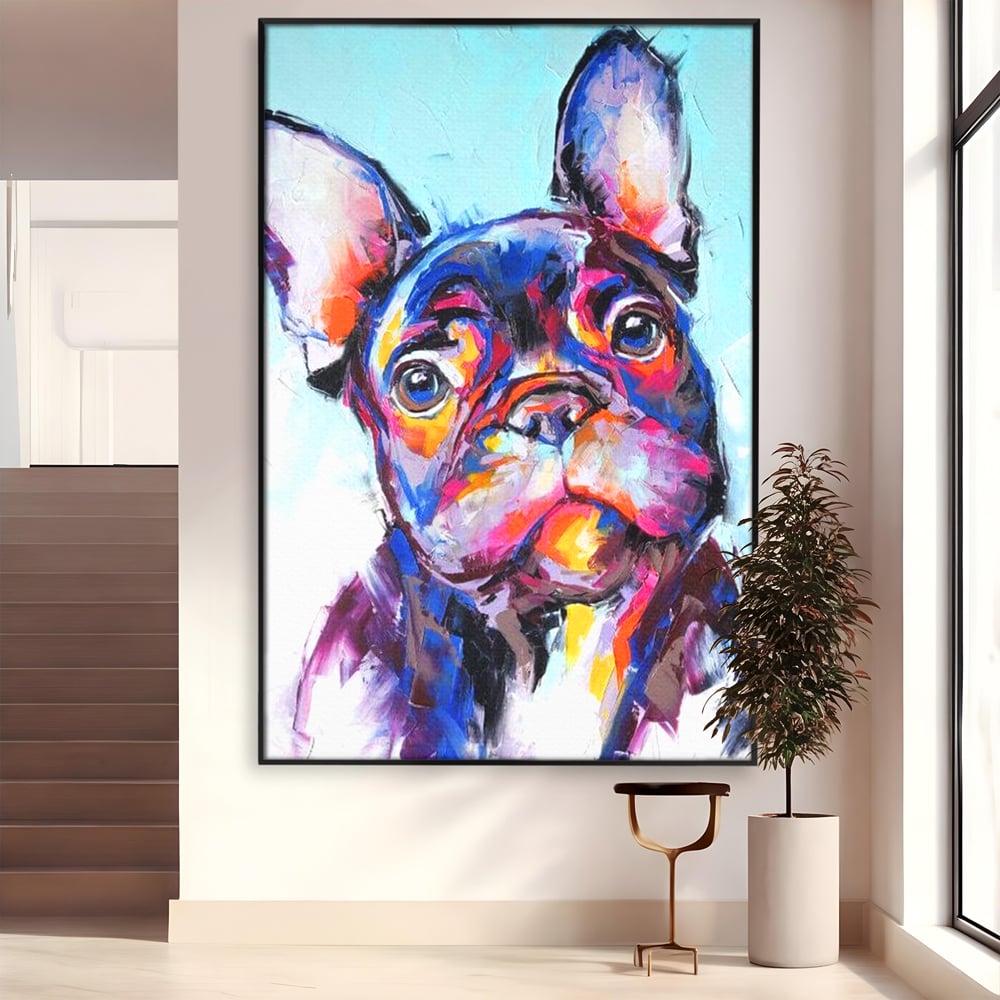 Tablou Canvas Premium, LuxCanva® M1261, Pictat cu Sufletul, Cromatic, Pictura, Arta Moderna, Bulldog, Vesel, Design, Pop Art, Funky, Caine, Urban, Birou, Living, Camera Copil