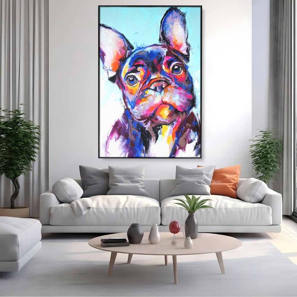 Tablou Canvas Premium, LuxCanva® M1261, Pictat cu Sufletul, Cromatic, Pictura, Arta Moderna, Bulldog, Vesel, Design, Pop Art, Funky, Caine, Urban, Birou, Living, Camera Copil