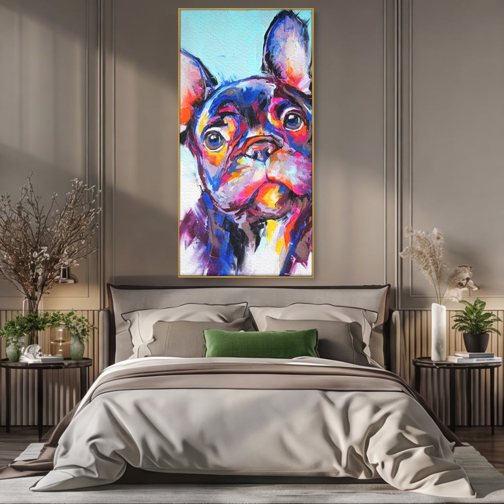 Tablou Canvas Premium, LuxCanva® M1261, Pictat cu Sufletul, Cromatic, Pictura, Arta Moderna, Bulldog, Vesel, Design, Pop Art, Funky, Caine, Urban, Birou, Living, Camera Copil