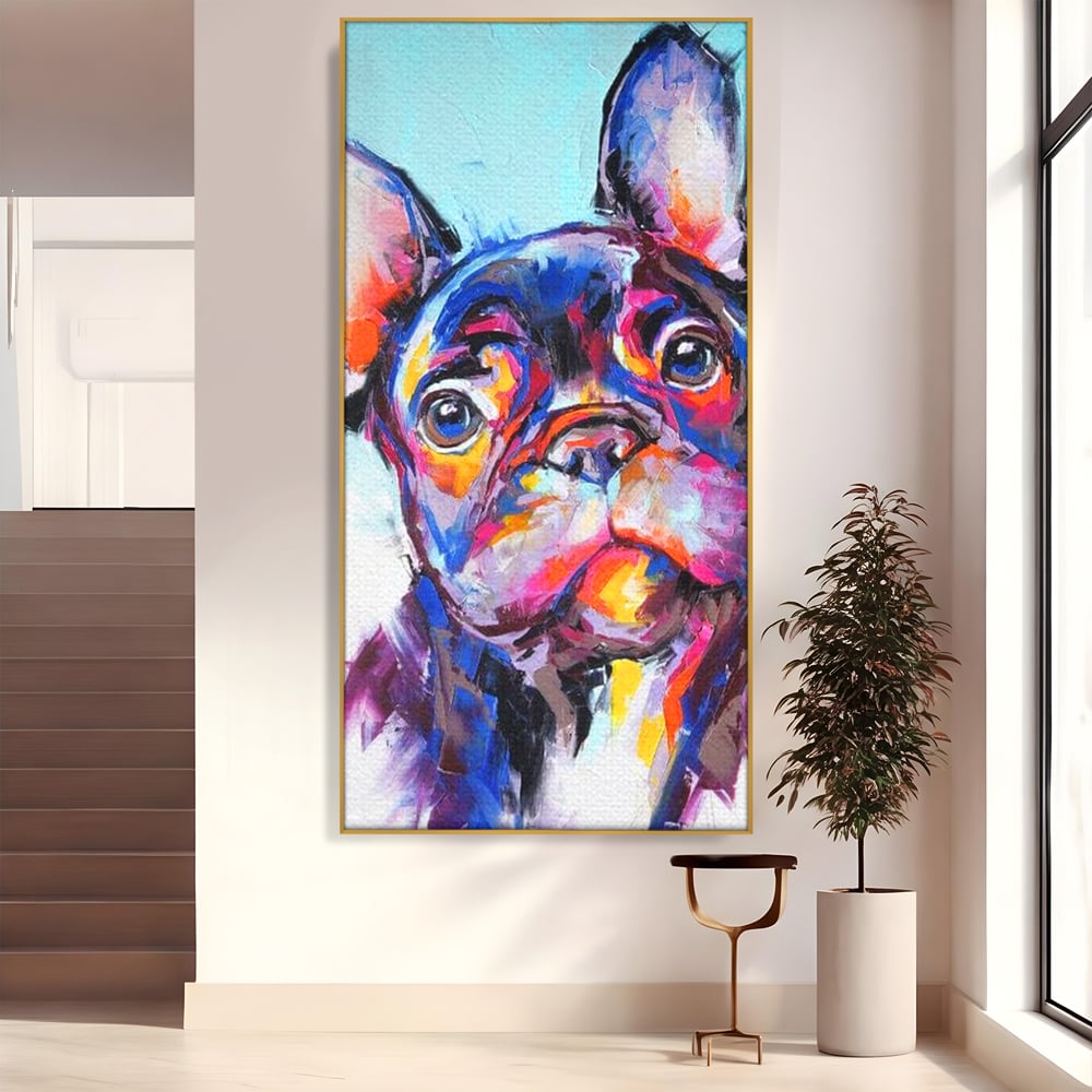 Tablou Canvas Premium, LuxCanva® M1261, Pictat cu Sufletul, Cromatic, Pictura, Arta Moderna, Bulldog, Vesel, Design, Pop Art, Funky, Caine, Urban, Birou, Living, Camera Copil