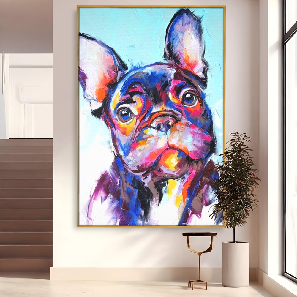 Tablou Canvas Premium, LuxCanva® M1261, Pictat cu Sufletul, Cromatic, Pictura, Arta Moderna, Bulldog, Vesel, Design, Pop Art, Funky, Caine, Urban, Birou, Living, Camera Copil