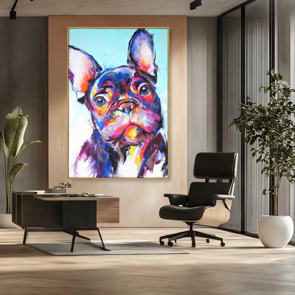 Tablou Canvas Premium, LuxCanva® M1261, Pictat cu Sufletul, Cromatic, Pictura, Arta Moderna, Bulldog, Vesel, Design, Pop Art, Funky, Caine, Urban, Birou, Living, Camera Copil