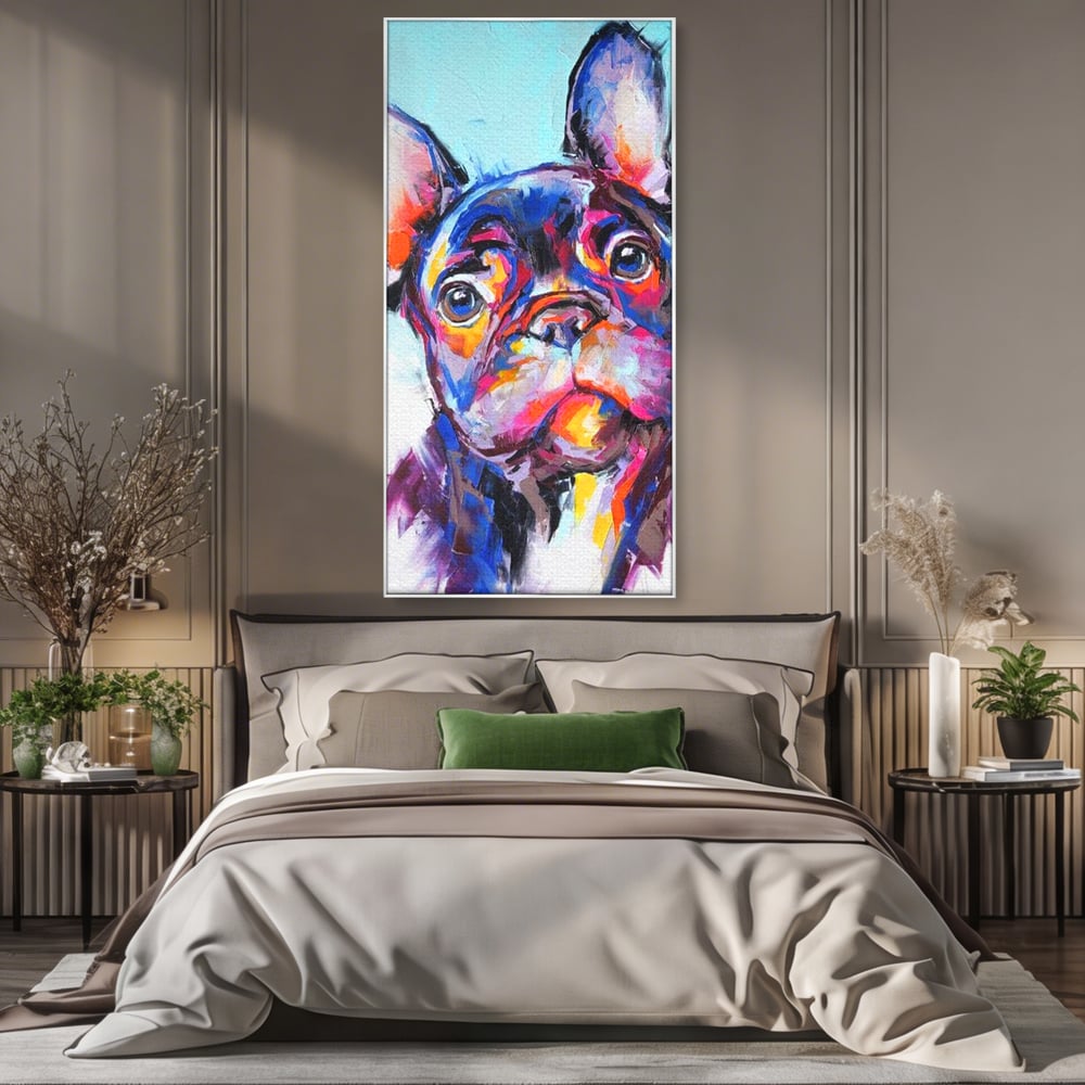Tablou Canvas Premium, LuxCanva® M1261, Pictat cu Sufletul, Cromatic, Pictura, Arta Moderna, Bulldog, Vesel, Design, Pop Art, Funky, Caine, Urban, Birou, Living, Camera Copil
