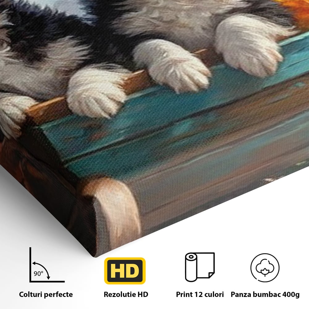Tablou Canvas Premium, LuxCanva® M1263, Paradisul Cateilor, Catelusi, Frati, Copilarie, Colorat, Flori, Primavara, Casa, Rustic, Gradina, Armonie, Pictura, Birou, Living, Camera Copil