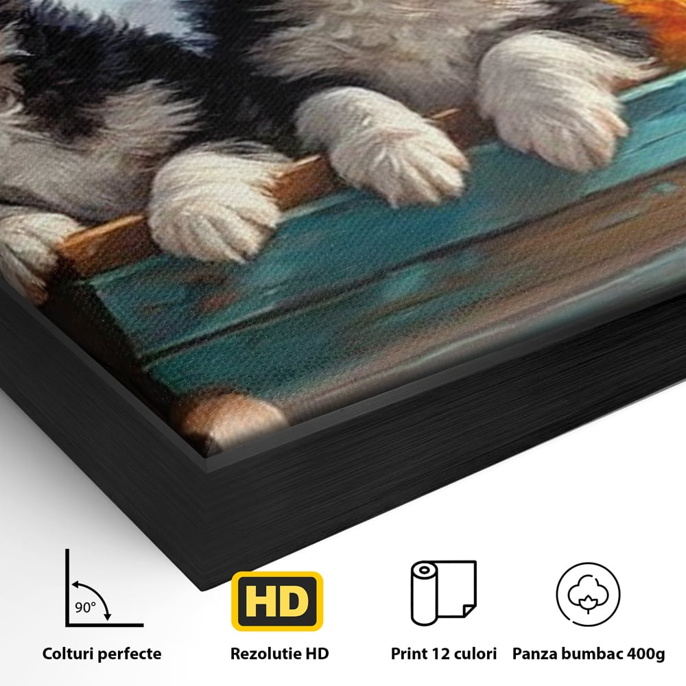 Tablou Canvas Premium, LuxCanva® M1263, Paradisul Cateilor, Catelusi, Frati, Copilarie, Colorat, Flori, Primavara, Casa, Rustic, Gradina, Armonie, Pictura, Birou, Living, Camera Copil