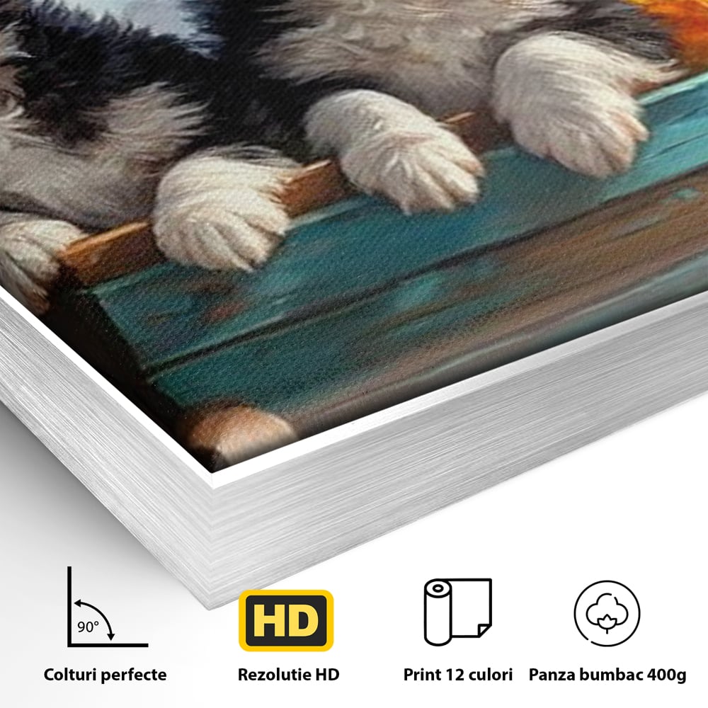 Tablou Canvas Premium, LuxCanva® M1263, Paradisul Cateilor, Catelusi, Frati, Copilarie, Colorat, Flori, Primavara, Casa, Rustic, Gradina, Armonie, Pictura, Birou, Living, Camera Copil
