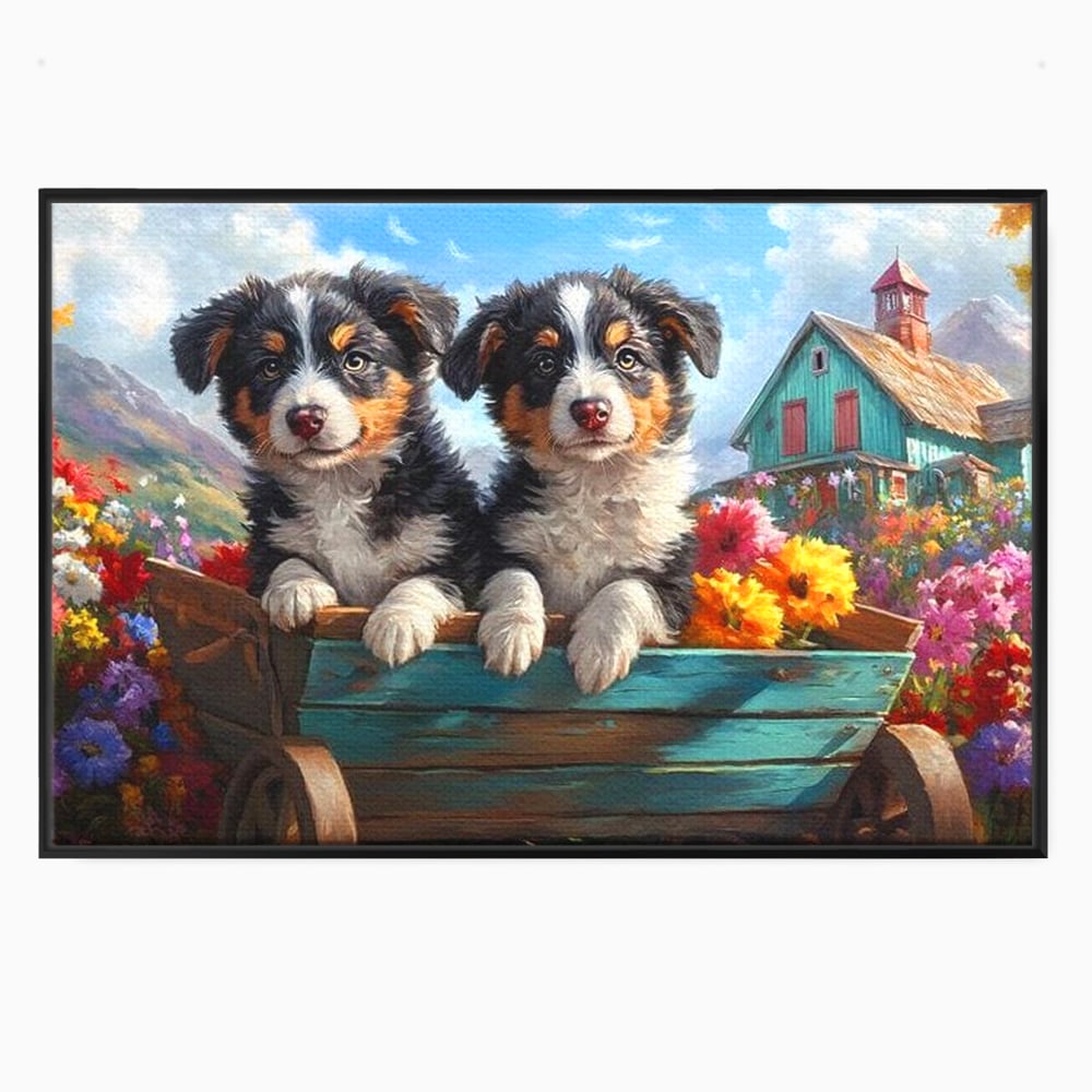 Tablou Canvas Premium, LuxCanva® M1263, Paradisul Cateilor, Catelusi, Frati, Copilarie, Colorat, Flori, Primavara, Casa, Rustic, Gradina, Armonie, Pictura, Birou, Living, Camera Copil