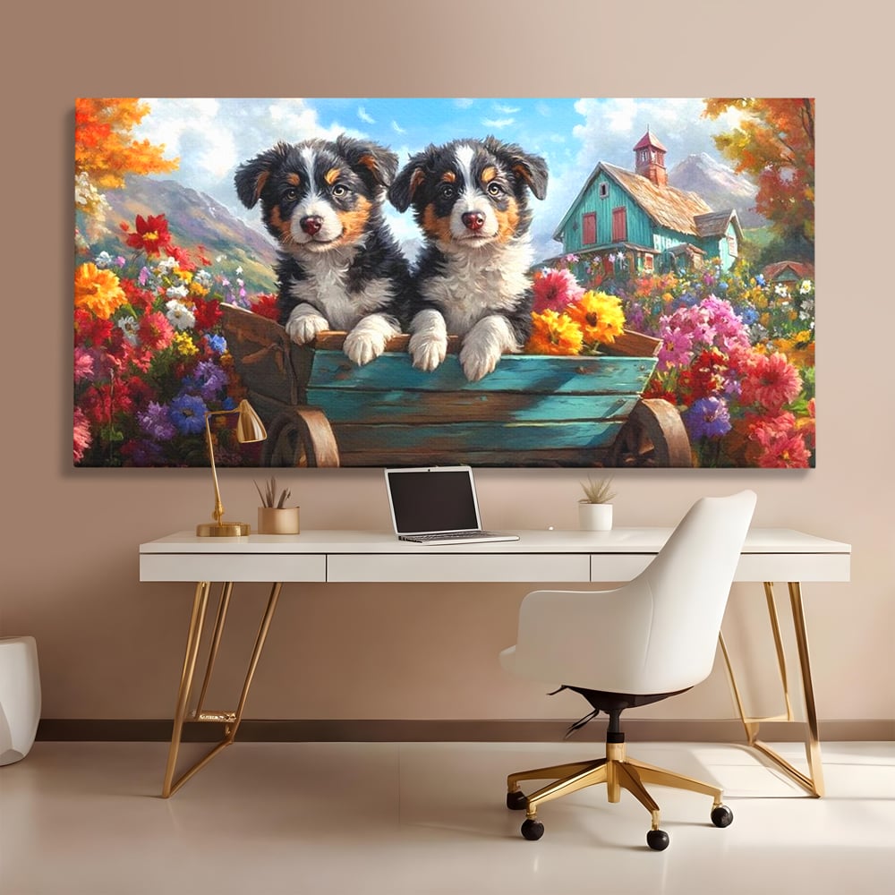 Tablou Canvas Premium, LuxCanva® M1263, Paradisul Cateilor, Catelusi, Frati, Copilarie, Colorat, Flori, Primavara, Casa, Rustic, Gradina, Armonie, Pictura, Birou, Living, Camera Copil