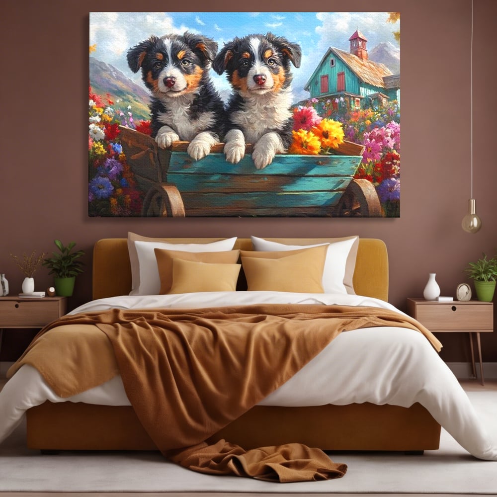 Tablou Canvas Premium, LuxCanva® M1263, Paradisul Cateilor, Catelusi, Frati, Copilarie, Colorat, Flori, Primavara, Casa, Rustic, Gradina, Armonie, Pictura, Birou, Living, Camera Copil