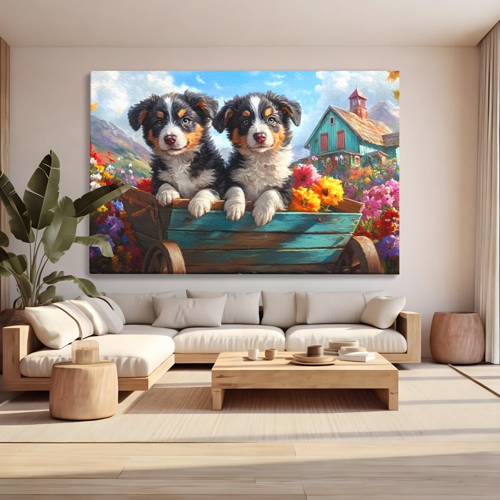 Tablou Canvas Premium, LuxCanva® M1263, Paradisul Cateilor, Catelusi, Frati, Copilarie, Colorat, Flori, Primavara, Casa, Rustic, Gradina, Armonie, Pictura, Birou, Living, Camera Copil