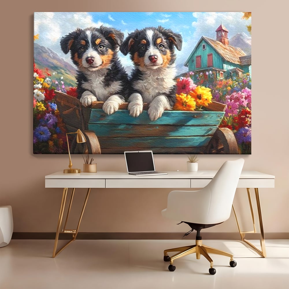 Tablou Canvas Premium, LuxCanva® M1263, Paradisul Cateilor, Catelusi, Frati, Copilarie, Colorat, Flori, Primavara, Casa, Rustic, Gradina, Armonie, Pictura, Birou, Living, Camera Copil