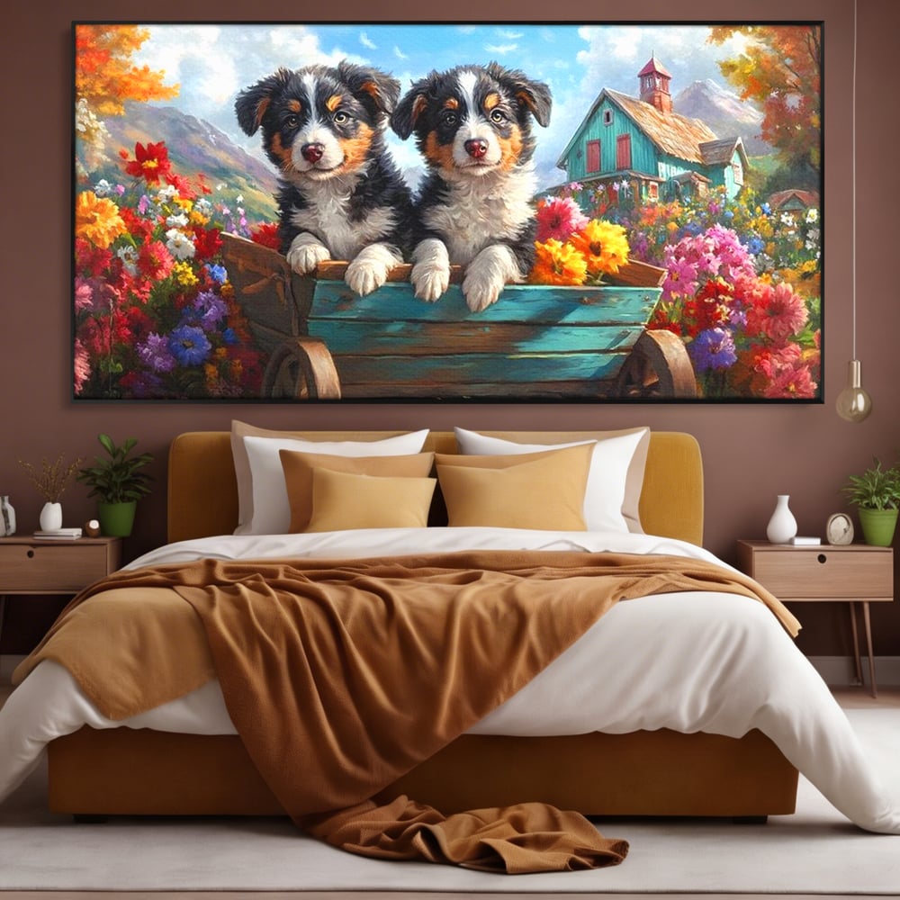 Tablou Canvas Premium, LuxCanva® M1263, Paradisul Cateilor, Catelusi, Frati, Copilarie, Colorat, Flori, Primavara, Casa, Rustic, Gradina, Armonie, Pictura, Birou, Living, Camera Copil