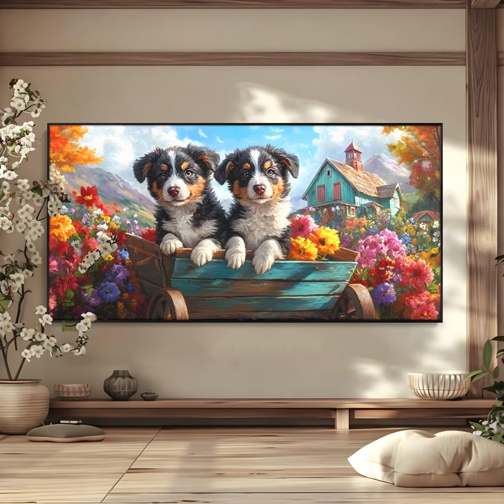 Tablou Canvas Premium, LuxCanva® M1263, Paradisul Cateilor, Catelusi, Frati, Copilarie, Colorat, Flori, Primavara, Casa, Rustic, Gradina, Armonie, Pictura, Birou, Living, Camera Copil