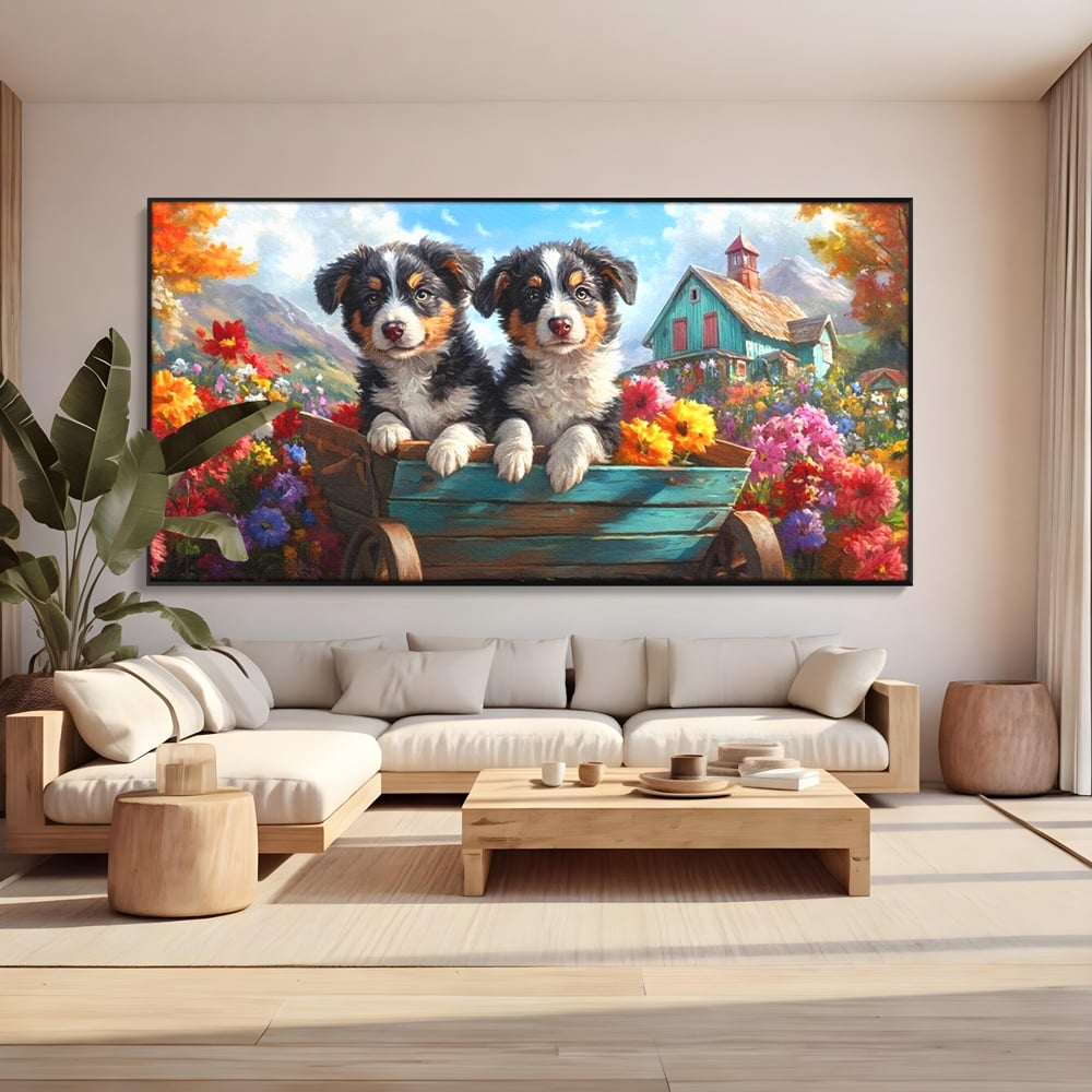 Tablou Canvas Premium, LuxCanva® M1263, Paradisul Cateilor, Catelusi, Frati, Copilarie, Colorat, Flori, Primavara, Casa, Rustic, Gradina, Armonie, Pictura, Birou, Living, Camera Copil