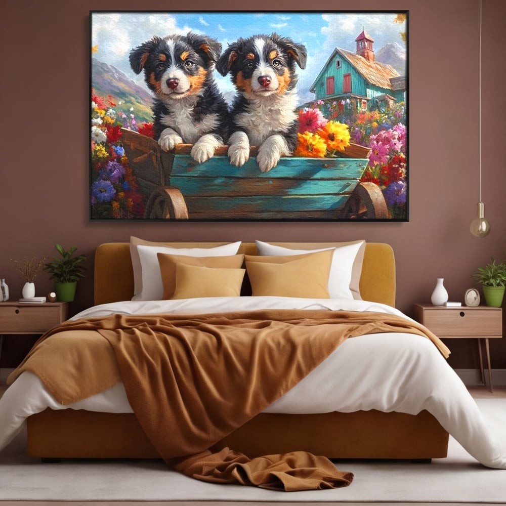 Tablou Canvas Premium, LuxCanva® M1263, Paradisul Cateilor, Catelusi, Frati, Copilarie, Colorat, Flori, Primavara, Casa, Rustic, Gradina, Armonie, Pictura, Birou, Living, Camera Copil