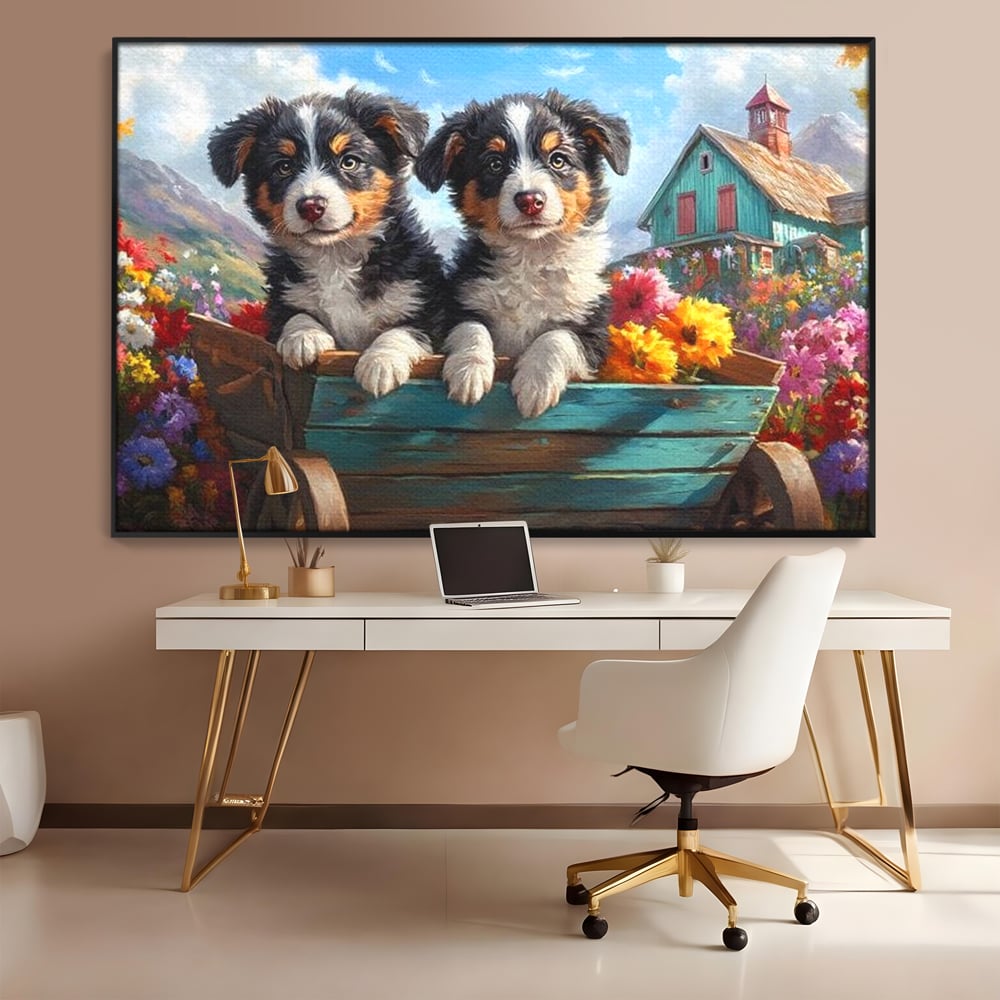 Tablou Canvas Premium, LuxCanva® M1263, Paradisul Cateilor, Catelusi, Frati, Copilarie, Colorat, Flori, Primavara, Casa, Rustic, Gradina, Armonie, Pictura, Birou, Living, Camera Copil