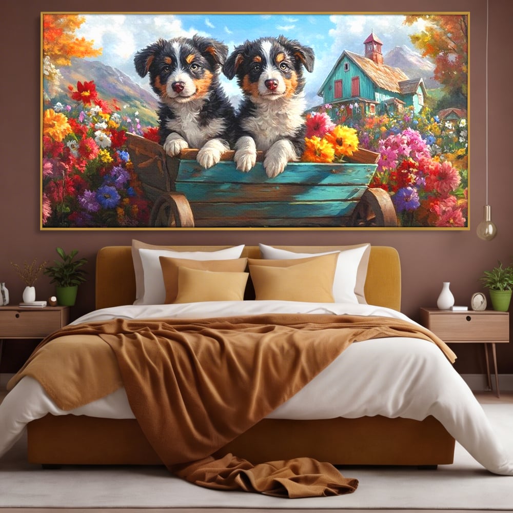 Tablou Canvas Premium, LuxCanva® M1263, Paradisul Cateilor, Catelusi, Frati, Copilarie, Colorat, Flori, Primavara, Casa, Rustic, Gradina, Armonie, Pictura, Birou, Living, Camera Copil