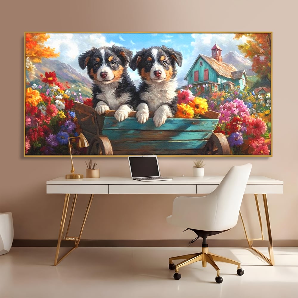 Tablou Canvas Premium, LuxCanva® M1263, Paradisul Cateilor, Catelusi, Frati, Copilarie, Colorat, Flori, Primavara, Casa, Rustic, Gradina, Armonie, Pictura, Birou, Living, Camera Copil