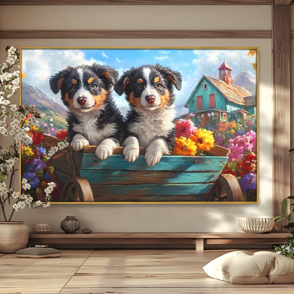 Tablou Canvas Premium, LuxCanva® M1263, Paradisul Cateilor, Catelusi, Frati, Copilarie, Colorat, Flori, Primavara, Casa, Rustic, Gradina, Armonie, Pictura, Birou, Living, Camera Copil