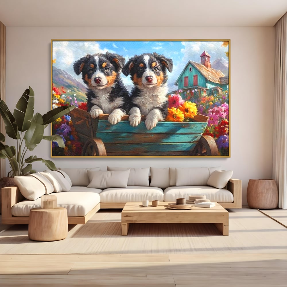Tablou Canvas Premium, LuxCanva® M1263, Paradisul Cateilor, Catelusi, Frati, Copilarie, Colorat, Flori, Primavara, Casa, Rustic, Gradina, Armonie, Pictura, Birou, Living, Camera Copil