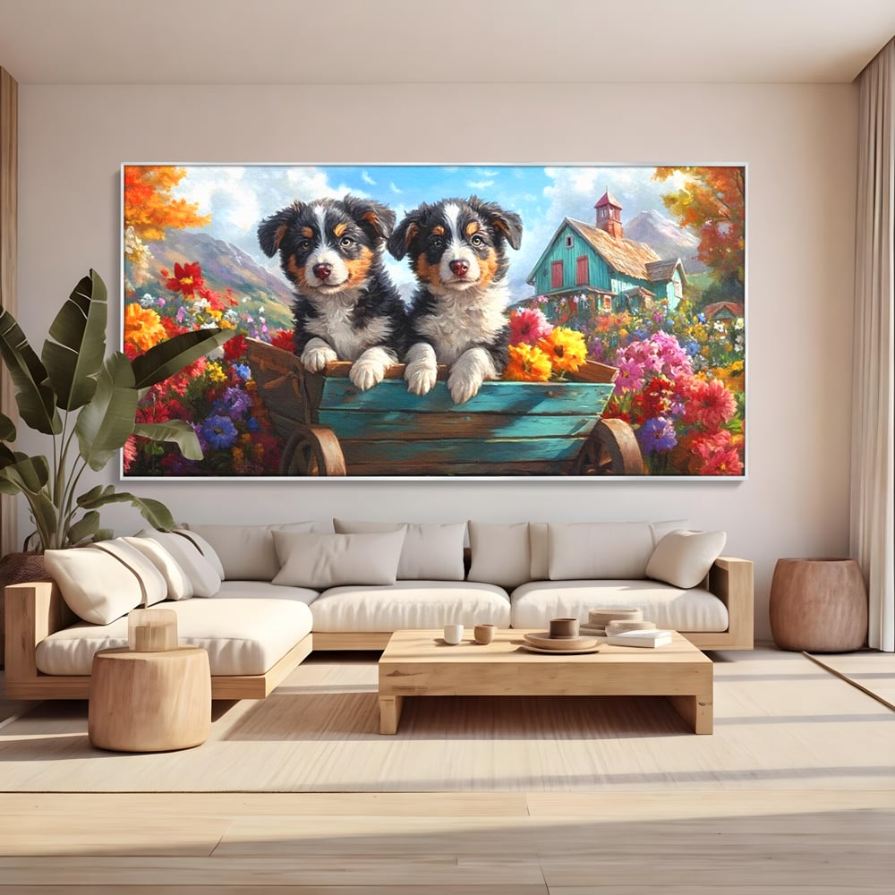 Tablou Canvas Premium, LuxCanva® M1263, Paradisul Cateilor, Catelusi, Frati, Copilarie, Colorat, Flori, Primavara, Casa, Rustic, Gradina, Armonie, Pictura, Birou, Living, Camera Copil
