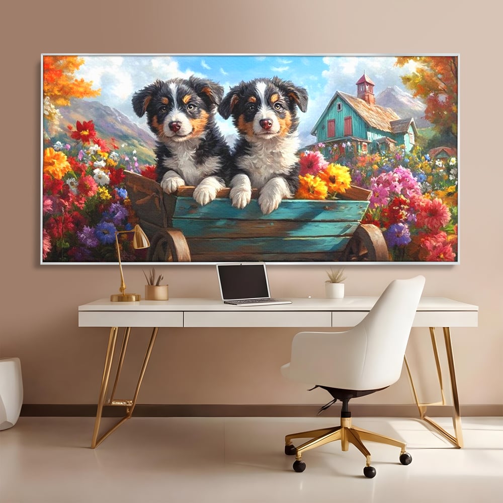Tablou Canvas Premium, LuxCanva® M1263, Paradisul Cateilor, Catelusi, Frati, Copilarie, Colorat, Flori, Primavara, Casa, Rustic, Gradina, Armonie, Pictura, Birou, Living, Camera Copil