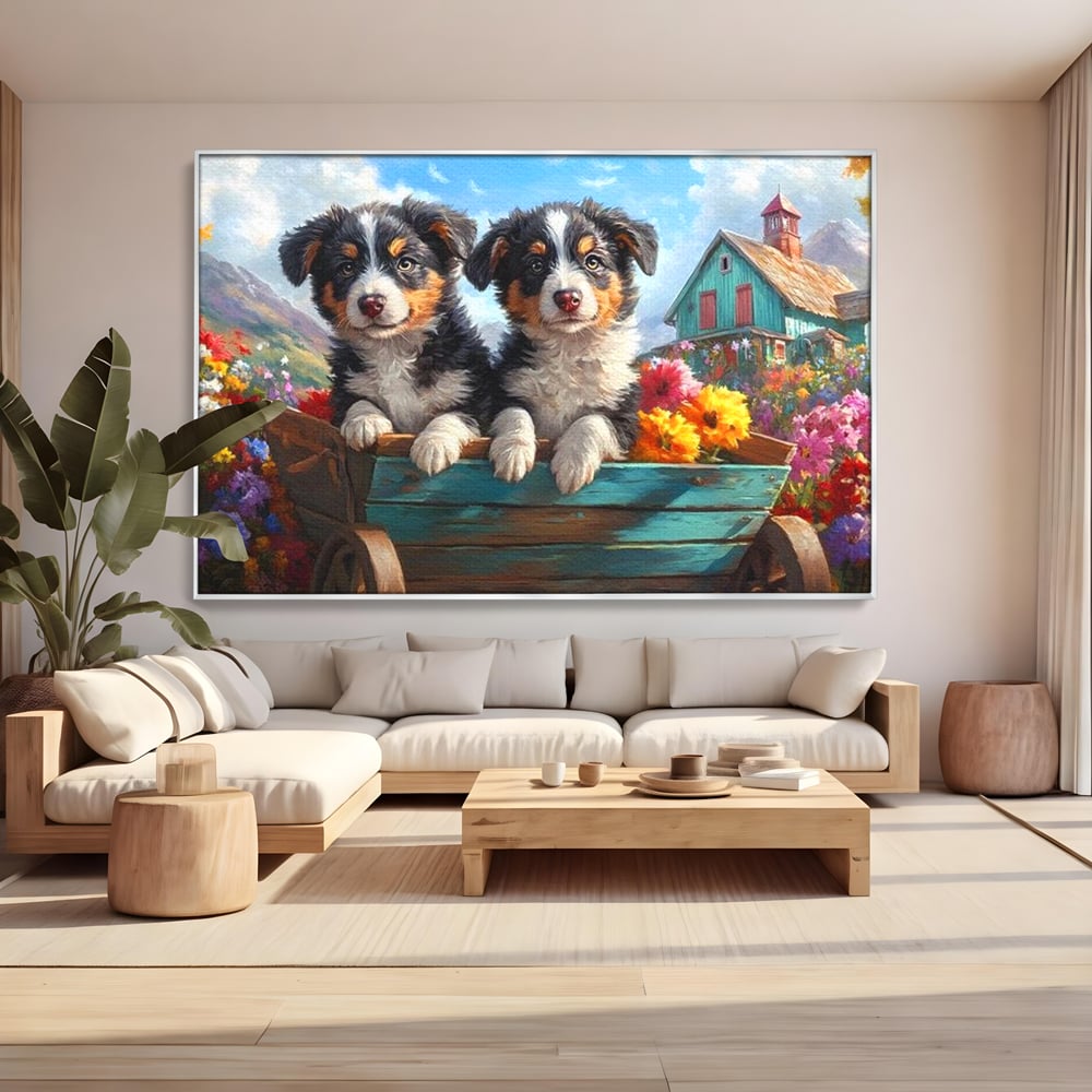 Tablou Canvas Premium, LuxCanva® M1263, Paradisul Cateilor, Catelusi, Frati, Copilarie, Colorat, Flori, Primavara, Casa, Rustic, Gradina, Armonie, Pictura, Birou, Living, Camera Copil