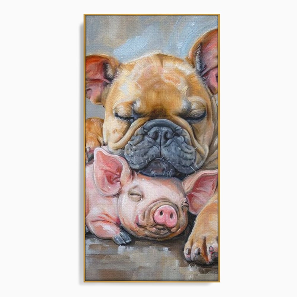 Tablou Canvas Premium, LuxCanva® M1264, Suflete Cuminti, Purcel, Caine, Animale, Odihna, Relaxare, Prietenie, Imbratisare, Copilarie, Pictura, Visatori, Roz, Birou, Living, Camera Copil