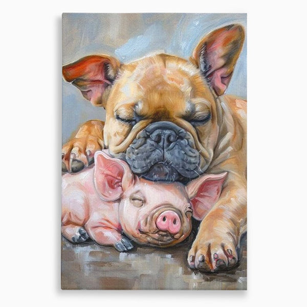 Tablou Canvas Premium, LuxCanva® M1264, Suflete Cuminti, Purcel, Caine, Animale, Odihna, Relaxare, Prietenie, Imbratisare, Copilarie, Pictura, Visatori, Roz, Birou, Living, Camera Copil