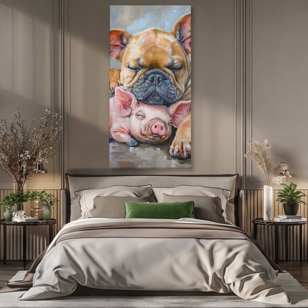Tablou Canvas Premium, LuxCanva® M1264, Suflete Cuminti, Purcel, Caine, Animale, Odihna, Relaxare, Prietenie, Imbratisare, Copilarie, Pictura, Visatori, Roz, Birou, Living, Camera Copil