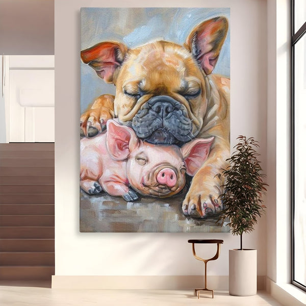 Tablou Canvas Premium, LuxCanva® M1264, Suflete Cuminti, Purcel, Caine, Animale, Odihna, Relaxare, Prietenie, Imbratisare, Copilarie, Pictura, Visatori, Roz, Birou, Living, Camera Copil