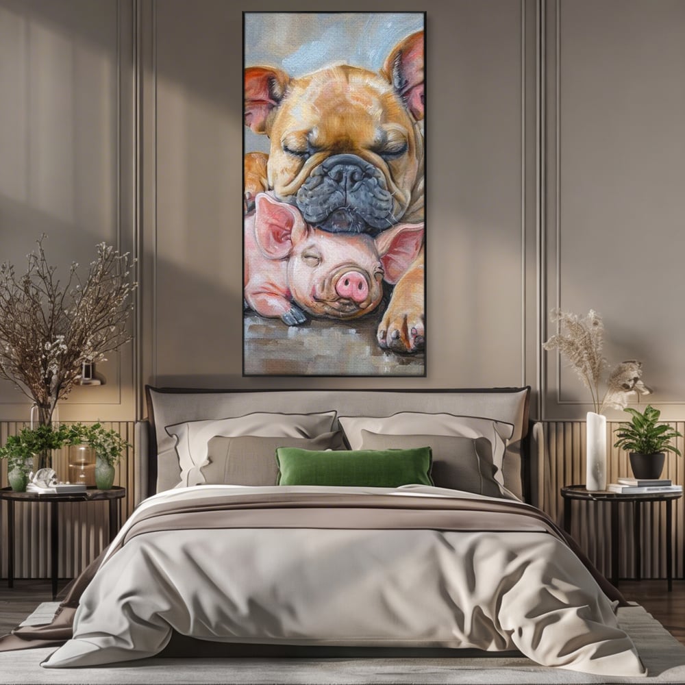Tablou Canvas Premium, LuxCanva® M1264, Suflete Cuminti, Purcel, Caine, Animale, Odihna, Relaxare, Prietenie, Imbratisare, Copilarie, Pictura, Visatori, Roz, Birou, Living, Camera Copil