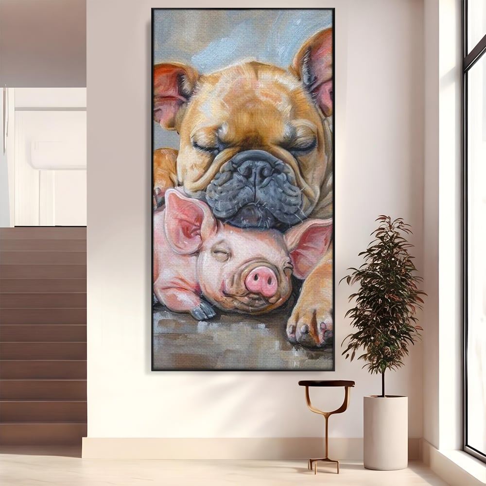 Tablou Canvas Premium, LuxCanva® M1264, Suflete Cuminti, Purcel, Caine, Animale, Odihna, Relaxare, Prietenie, Imbratisare, Copilarie, Pictura, Visatori, Roz, Birou, Living, Camera Copil