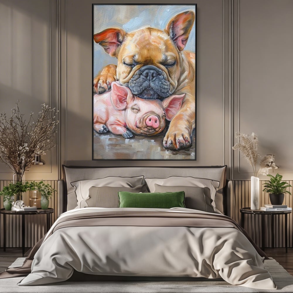 Tablou Canvas Premium, LuxCanva® M1264, Suflete Cuminti, Purcel, Caine, Animale, Odihna, Relaxare, Prietenie, Imbratisare, Copilarie, Pictura, Visatori, Roz, Birou, Living, Camera Copil