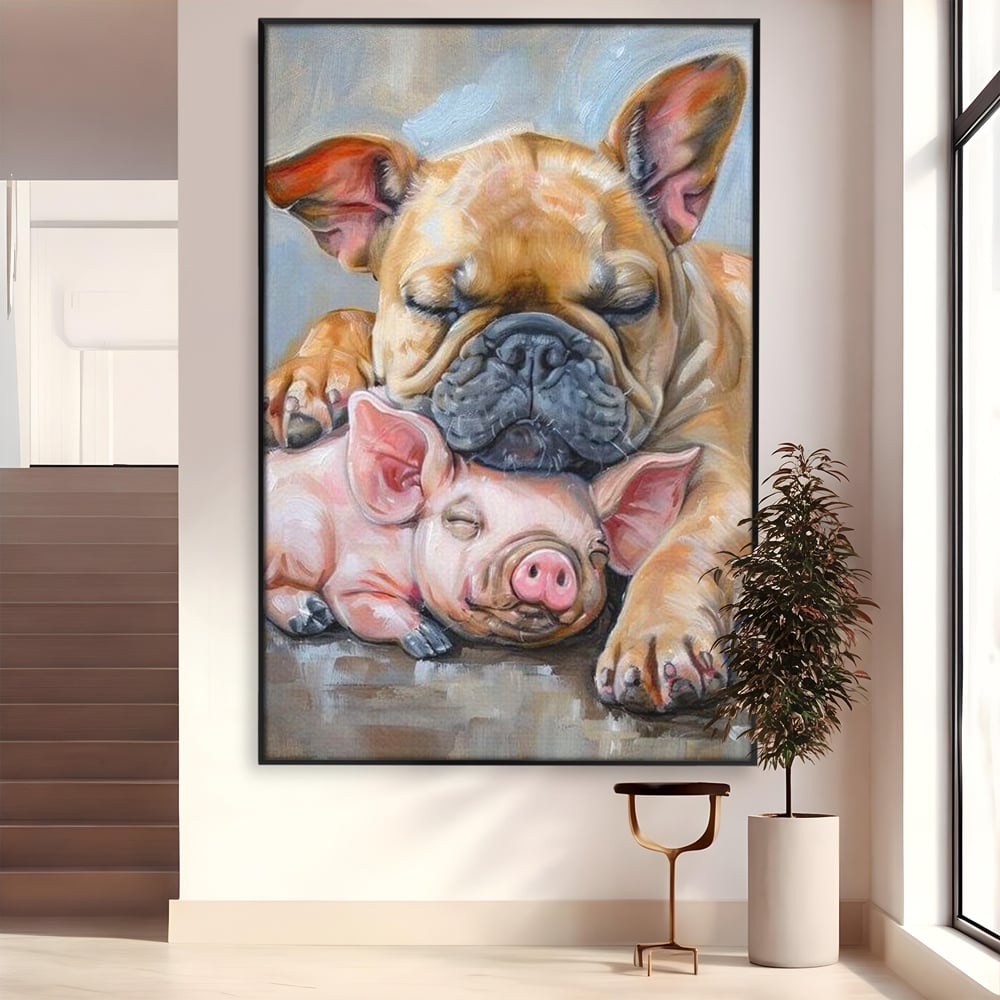 Tablou Canvas Premium, LuxCanva® M1264, Suflete Cuminti, Purcel, Caine, Animale, Odihna, Relaxare, Prietenie, Imbratisare, Copilarie, Pictura, Visatori, Roz, Birou, Living, Camera Copil