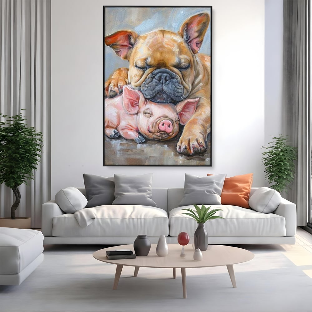 Tablou Canvas Premium, LuxCanva® M1264, Suflete Cuminti, Purcel, Caine, Animale, Odihna, Relaxare, Prietenie, Imbratisare, Copilarie, Pictura, Visatori, Roz, Birou, Living, Camera Copil