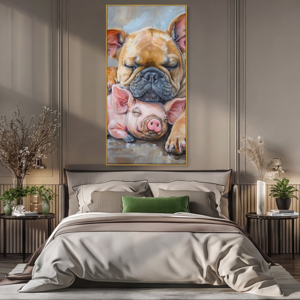 Tablou Canvas Premium, LuxCanva® M1264, Suflete Cuminti, Purcel, Caine, Animale, Odihna, Relaxare, Prietenie, Imbratisare, Copilarie, Pictura, Visatori, Roz, Birou, Living, Camera Copil