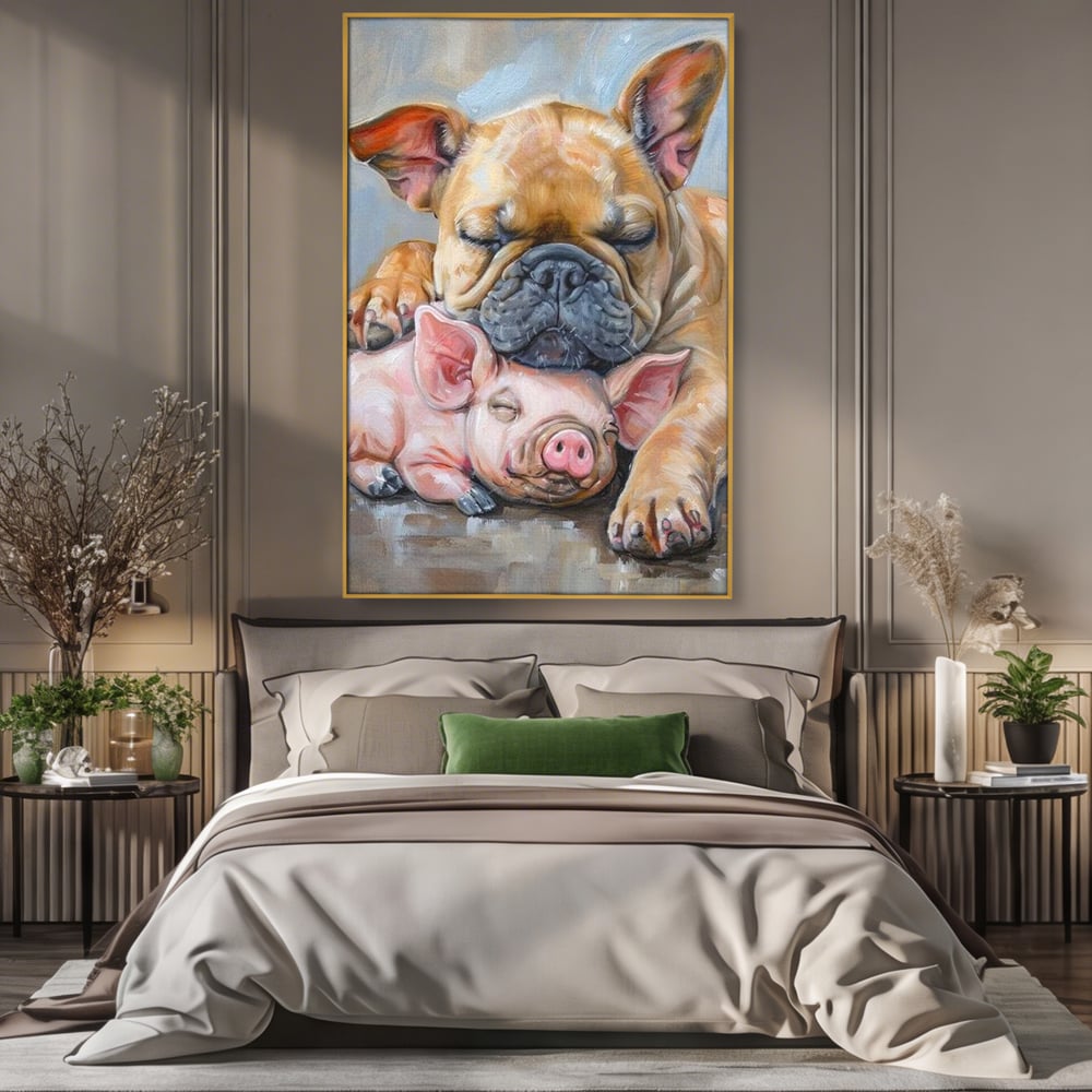 Tablou Canvas Premium, LuxCanva® M1264, Suflete Cuminti, Purcel, Caine, Animale, Odihna, Relaxare, Prietenie, Imbratisare, Copilarie, Pictura, Visatori, Roz, Birou, Living, Camera Copil