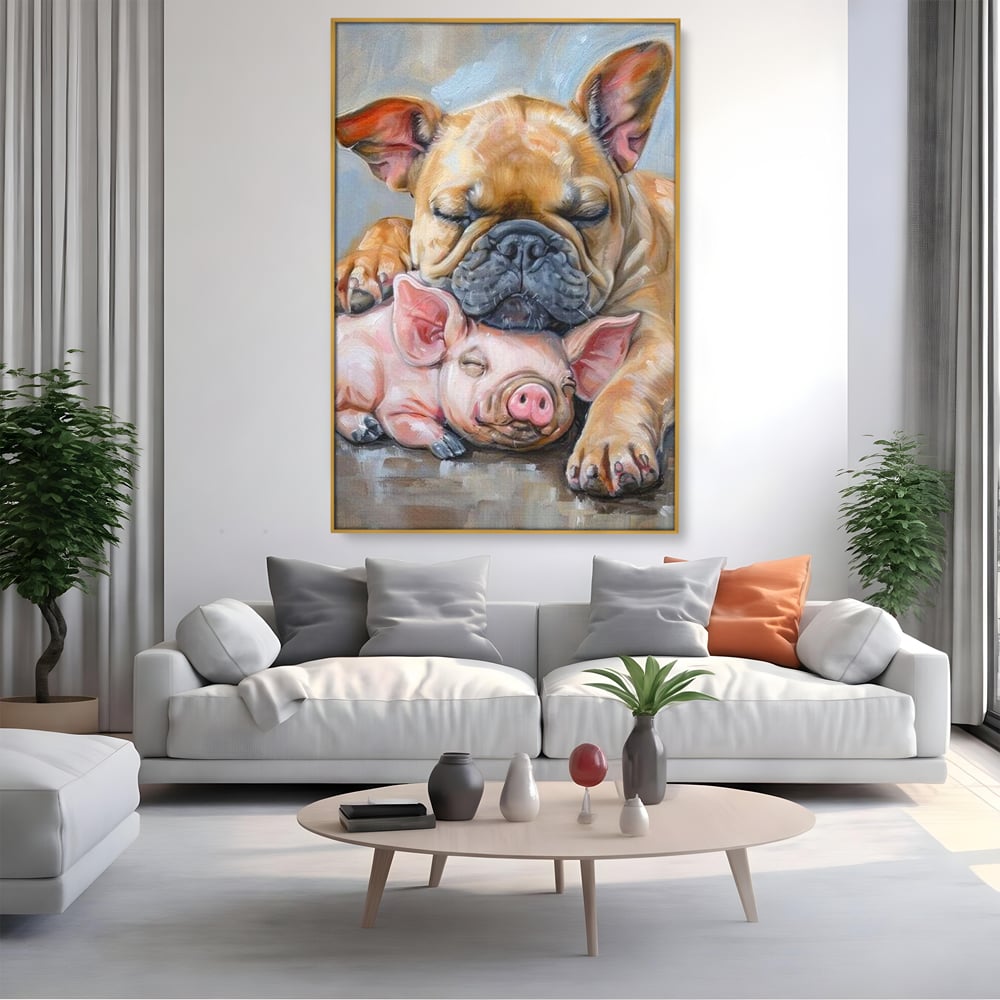 Tablou Canvas Premium, LuxCanva® M1264, Suflete Cuminti, Purcel, Caine, Animale, Odihna, Relaxare, Prietenie, Imbratisare, Copilarie, Pictura, Visatori, Roz, Birou, Living, Camera Copil