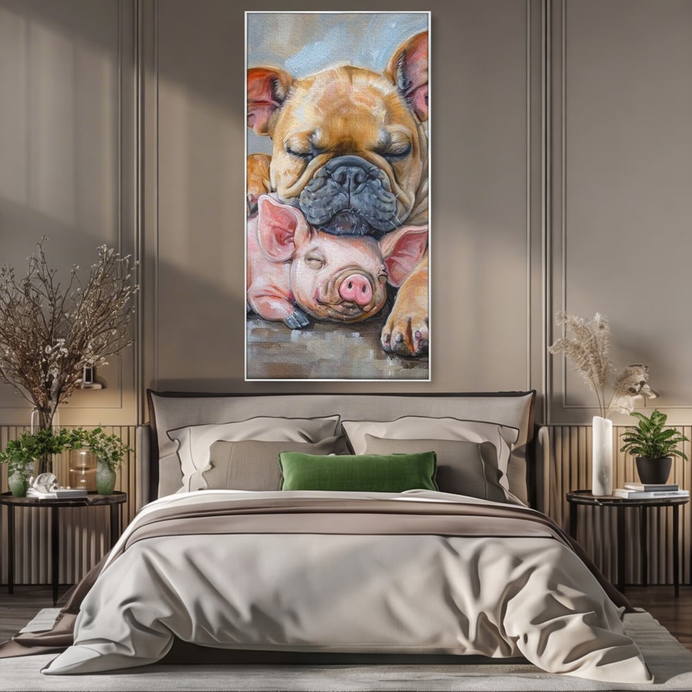 Tablou Canvas Premium, LuxCanva® M1264, Suflete Cuminti, Purcel, Caine, Animale, Odihna, Relaxare, Prietenie, Imbratisare, Copilarie, Pictura, Visatori, Roz, Birou, Living, Camera Copil