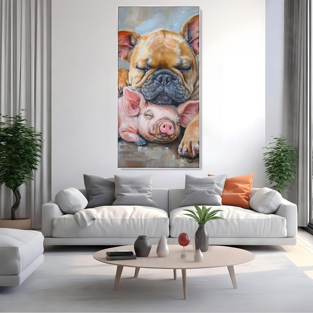 Tablou Canvas Premium, LuxCanva® M1264, Suflete Cuminti, Purcel, Caine, Animale, Odihna, Relaxare, Prietenie, Imbratisare, Copilarie, Pictura, Visatori, Roz, Birou, Living, Camera Copil
