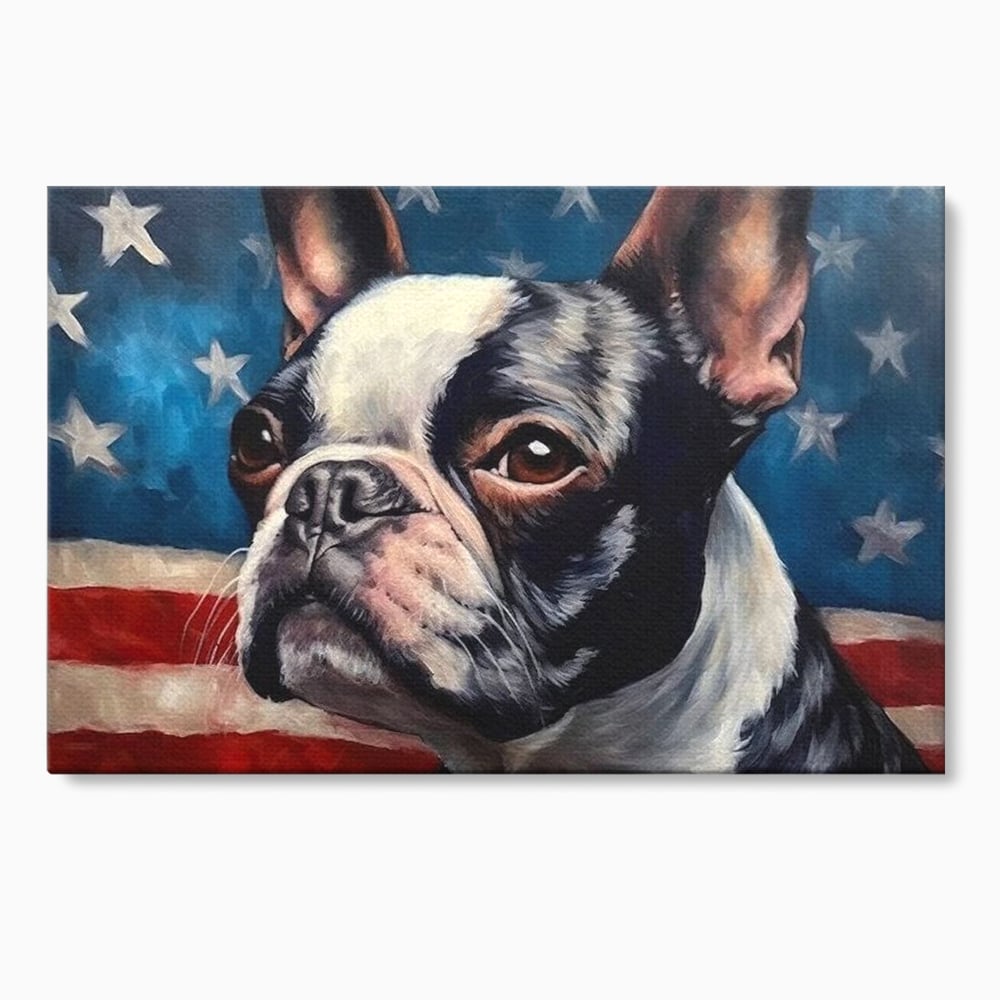 Leinwandbilder Premium, LuxCanva® M1265, Boston unter der Flagge, Patriotismus, Flagge, Amerika, Hund, Freiheit, Ehre, Mut, Freiheit, Portrait, Profil, Büro, Wohnen, Kinderzimmer