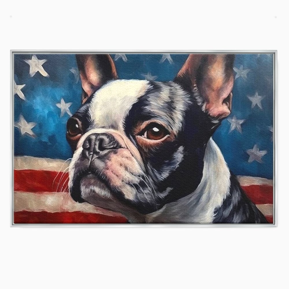Leinwandbilder Premium, LuxCanva® M1265, Boston unter der Flagge, Patriotismus, Flagge, Amerika, Hund, Freiheit, Ehre, Mut, Freiheit, Portrait, Profil, Büro, Wohnen, Kinderzimmer