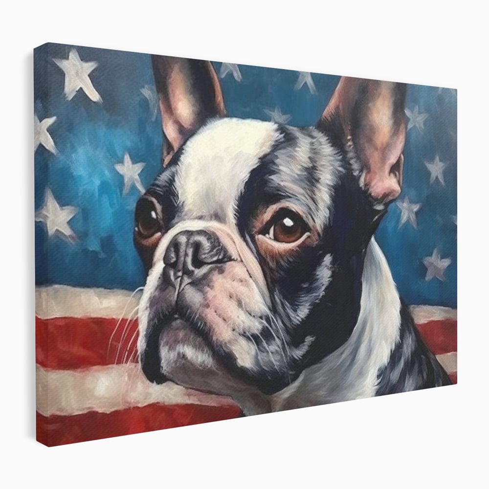 Leinwandbilder Premium, LuxCanva® M1265, Boston unter der Flagge, Patriotismus, Flagge, Amerika, Hund, Freiheit, Ehre, Mut, Freiheit, Portrait, Profil, Büro, Wohnen, Kinderzimmer