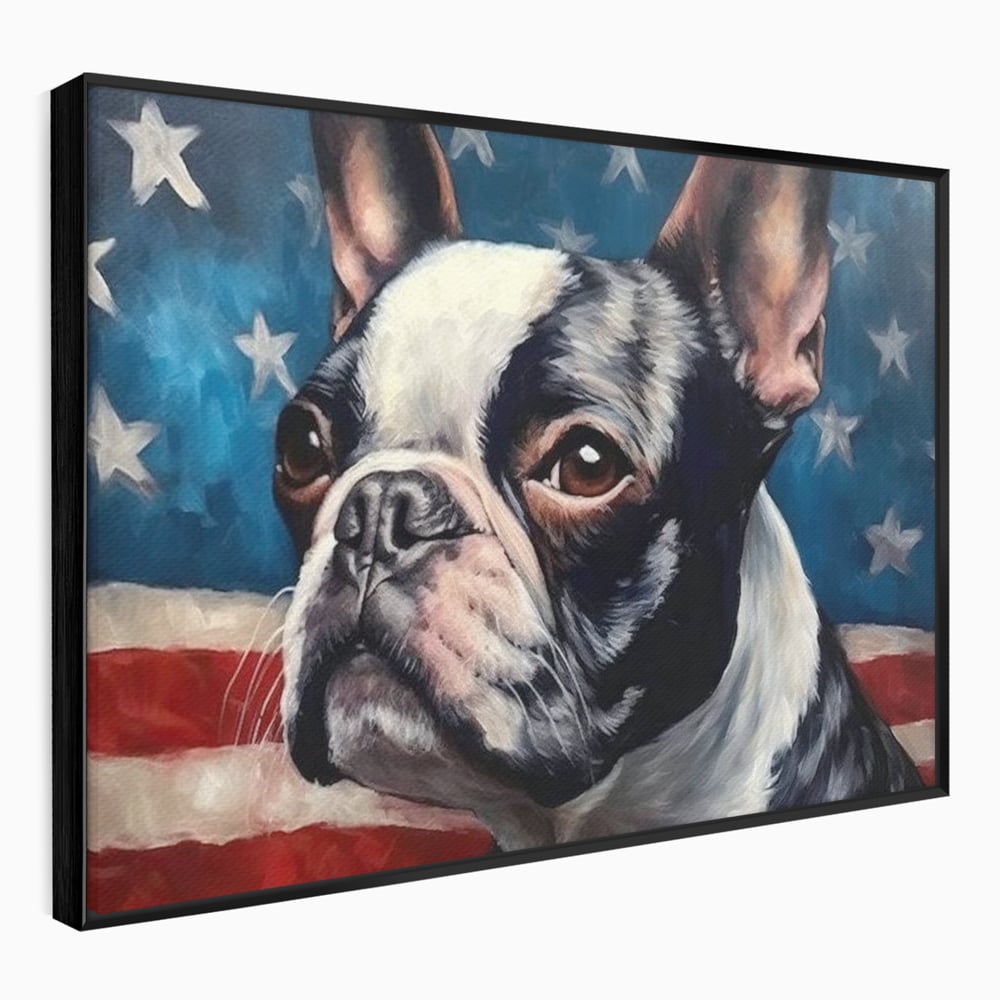 Leinwandbilder Premium, LuxCanva® M1265, Boston unter der Flagge, Patriotismus, Flagge, Amerika, Hund, Freiheit, Ehre, Mut, Freiheit, Portrait, Profil, Büro, Wohnen, Kinderzimmer
