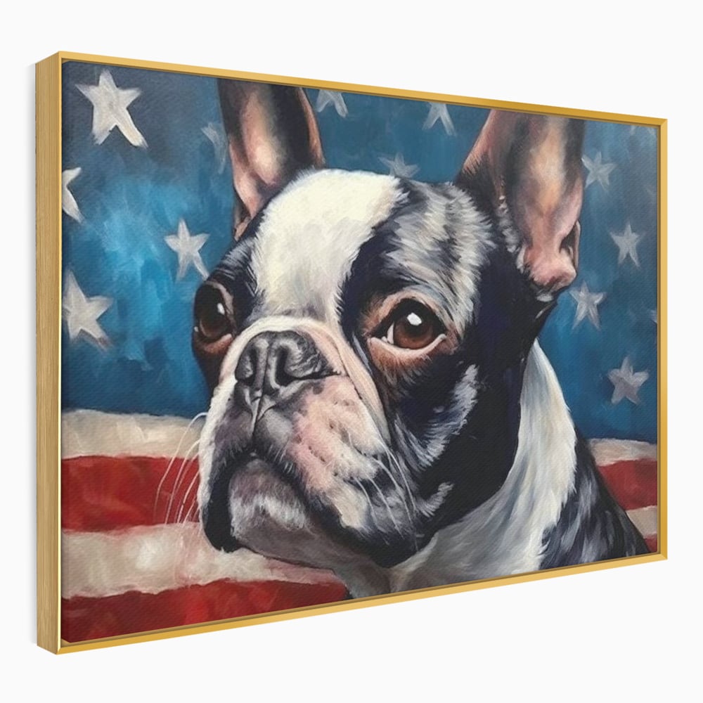 Leinwandbilder Premium, LuxCanva® M1265, Boston unter der Flagge, Patriotismus, Flagge, Amerika, Hund, Freiheit, Ehre, Mut, Freiheit, Portrait, Profil, Büro, Wohnen, Kinderzimmer