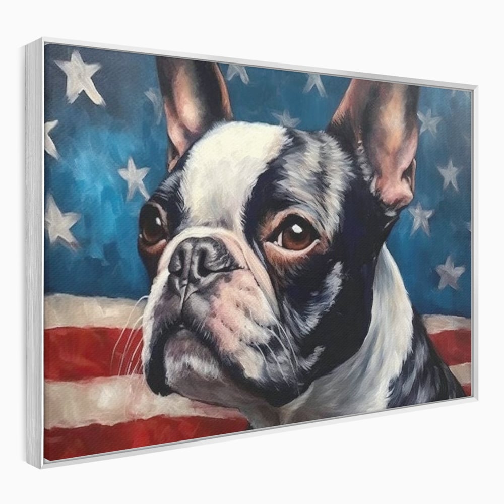 Leinwandbilder Premium, LuxCanva® M1265, Boston unter der Flagge, Patriotismus, Flagge, Amerika, Hund, Freiheit, Ehre, Mut, Freiheit, Portrait, Profil, Büro, Wohnen, Kinderzimmer