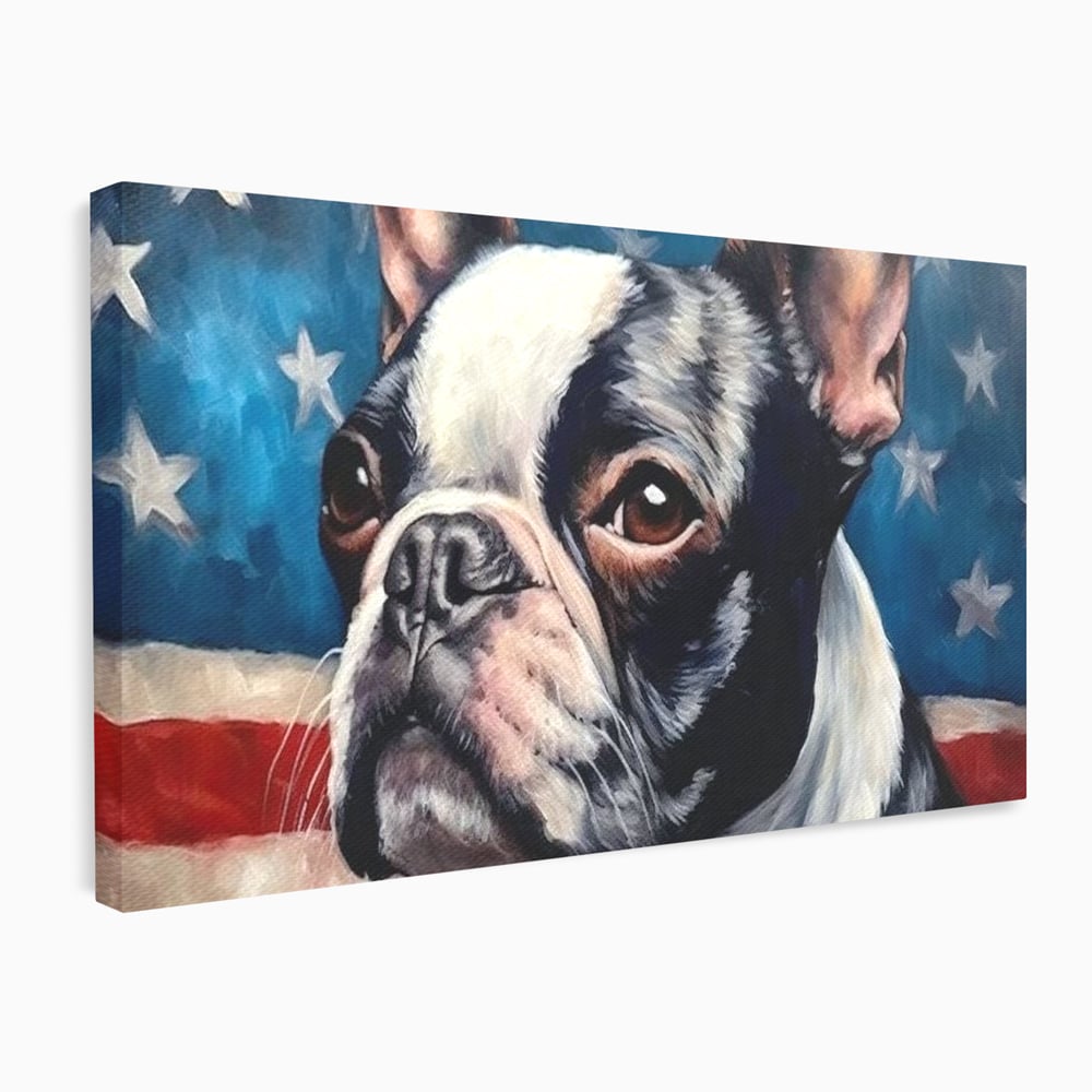 Leinwandbilder Premium, LuxCanva® M1265, Boston unter der Flagge, Patriotismus, Flagge, Amerika, Hund, Freiheit, Ehre, Mut, Freiheit, Portrait, Profil, Büro, Wohnen, Kinderzimmer