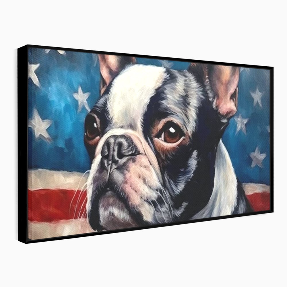 Leinwandbilder Premium, LuxCanva® M1265, Boston unter der Flagge, Patriotismus, Flagge, Amerika, Hund, Freiheit, Ehre, Mut, Freiheit, Portrait, Profil, Büro, Wohnen, Kinderzimmer