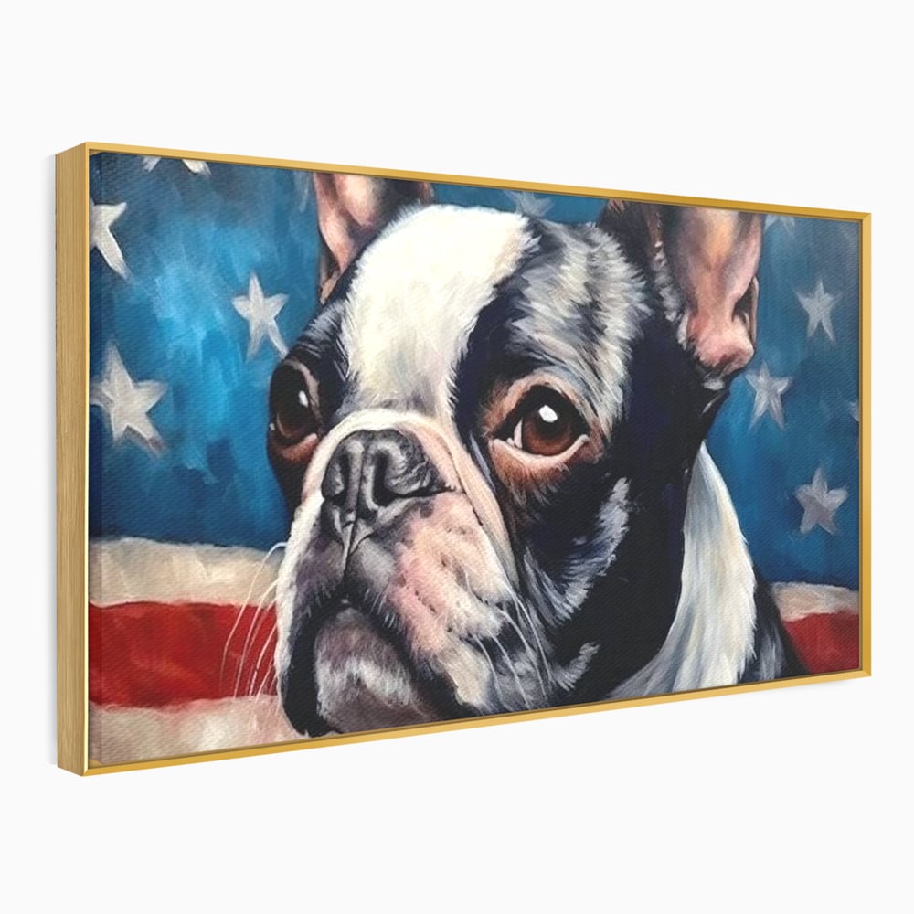 Leinwandbilder Premium, LuxCanva® M1265, Boston unter der Flagge, Patriotismus, Flagge, Amerika, Hund, Freiheit, Ehre, Mut, Freiheit, Portrait, Profil, Büro, Wohnen, Kinderzimmer